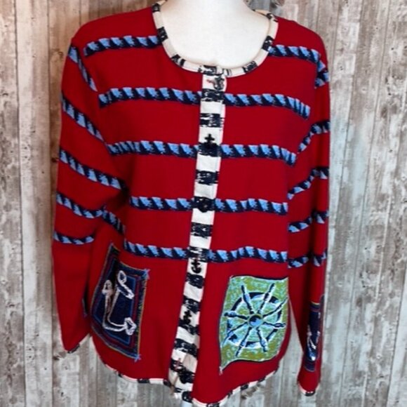 Sportelle Red & Blue Nautical Cardigan Sweater size Large - Picture 1 of 6